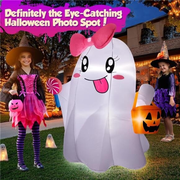 5FT Halloween Inflatables Ghost, Cute Halloween Decorations Outdoor Blow Up - Picture 6 of 7